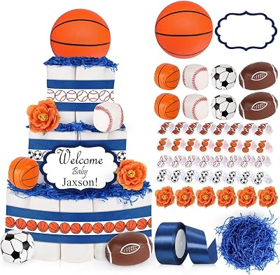 23 Pcs Sports Ball Diaper Cake Kit Decoration Basketball Football Soccer Baseball Ball Cake Decorations for Sports Balls Theme Baby Shower Boys Men Birthday Party Supplies