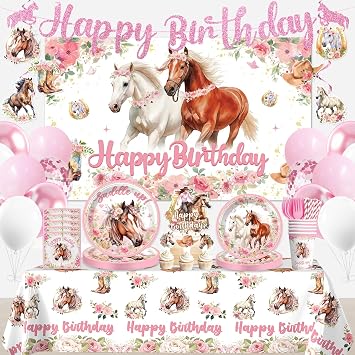 214Pcs Cowgirl Birthday Party Decorations Serve 25, Horse Party Supplies Includes Backdrop, Plates, Napkins, Cups, Banner, Hanging Swirl, Tablecloth, Cake Topper for Girl Birthday Decorations