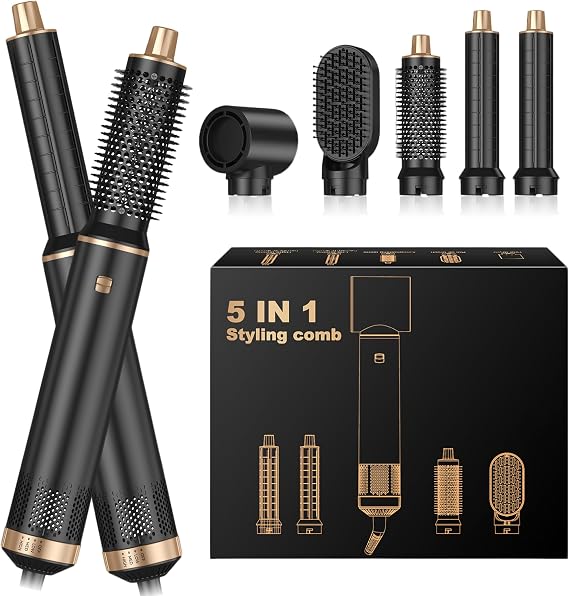 Airbrush 5 in 1 Multi Hair Styler Blowdry Brush Hairdryer Hot Magic Air Styler Set for Women, Hair Styling Appliances with Curl Straighten Wavy Smooth, All Hair Type/Length (Black Gold)