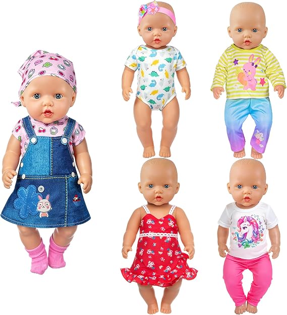 ebuddy 5 Pack New Baby Doll Clothes for 43 cm / 17 Inch Newborn Baby Dolls Fashion Doll Clothing Set with Matching Headbands and Dress (No Doll)