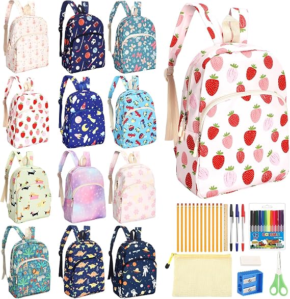 17'' Backpacks Bulk with Supplies Stationery Kits, Novelty, 12 Pack
