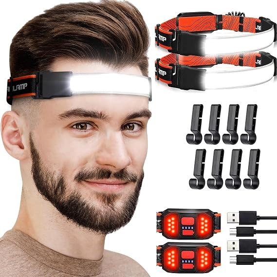 Rechargeable LED Headlamp Flashlight-230 Wide Beam Lightweight Headlight, 800 Lumen, 3 Modes Light bar, Waterproof Headlamp Flashlight, Suitable for Camping, Running, Hiking(2pack)