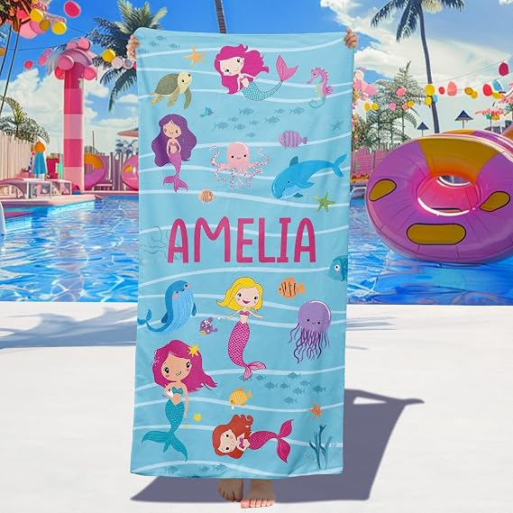 Personalized Mermaid Beach Towels for Kids, Custom Kids Beach Towels with Name, Mermaid Towel Girls Boy Toddler Beach Towel Ultra Absorbent Quick Dry Swim Towels, Customized Bath Pool Beach Towel Bulk