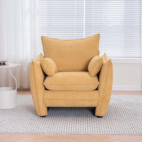 Chenille Accent Armchair Oversized Comfy Upholstered Lounge Cozy Modern Corner Single Reading Chair with Detachable Pillows Cover for Living Room,Bedroom,Apartment,Office,Yellow