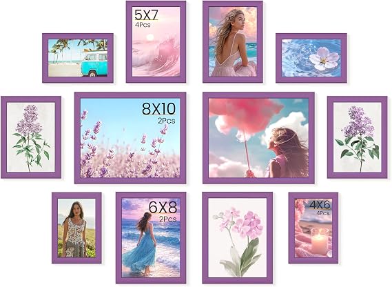 Feihorrm Set of 12 Picture Frames, Violet Photo Frames, Wall & Tabletop | Photo Frames Multiple Pictures, Multi Size Collage Picture Frames Includes 4pcs 4x6, 4pcs 5x7, 2pcs 6x8, 2pcs 8x10