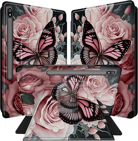 Case for Galaxy Tab S8 Plus/S7 FE/S7 Plus 360 Degree Rotating Smart Cover with Auto Wake/Sleep Tablet Case for Samsung Galaxy Tab S8 Plus/S7 FE 5G/S7 Plus 12.4 inch - Pink Flower Butterfly