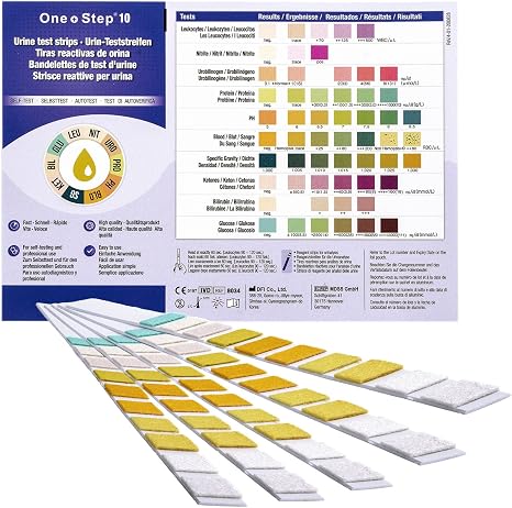 One+Step Health Test for 10 Values Pack of 15 with Reference Colour Card Urine Test Strips for Ketone pH Glucose Protein and Other Values