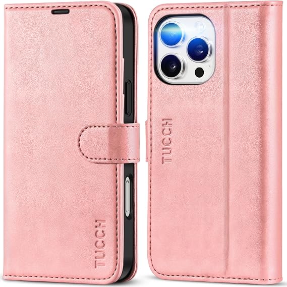 TUCCH Case Wallet for iPhone 16 Pro Max, RFID Blocking Folio, Rose Gold
