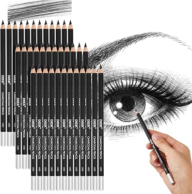 Geyoga 36 Pcs Professional Charcoal Pencils Soft, Medium and Hard for Drawing Charcoal Pencils for Sketching Shading Drawing Blending PortraitBlack, Medium