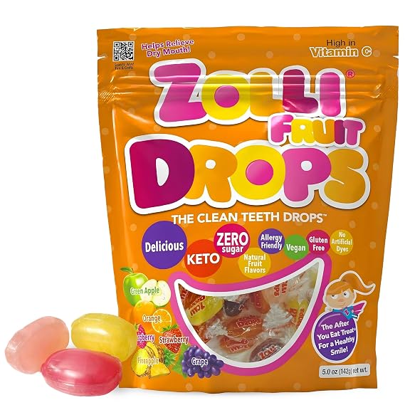 Zolli Fruit Drops Clean Teeth Candy Sugar-Free with Xylitol, Dye-Free, Keto & Diabetic-Friendly, Dentist-Approved Treats for Kids (Natural Fruit Flavors, 5 oz)