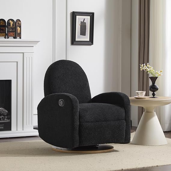 GDFStudio Swivel Glider Recliner Chair Nursery Rocker Recliner Chair with Boucle Upholstered High Back Single Seat Sofa Chair with Deep Seat Manual Nursing Reclining for Living Room, Black