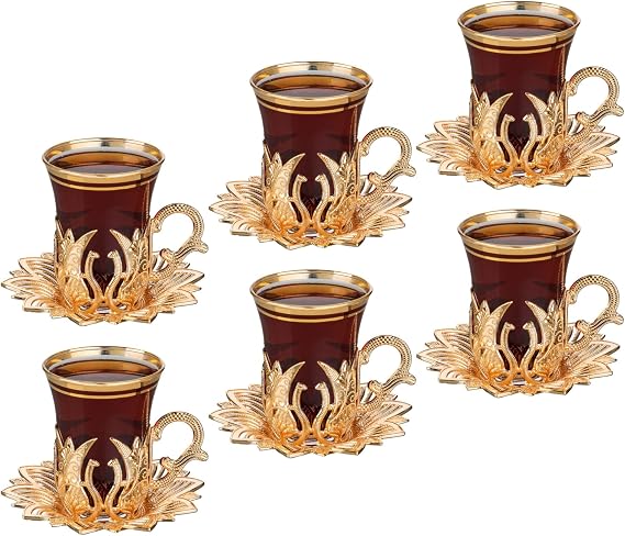 Vintage Handmade Turkish Tea Glasses with Saucer and Holders, Ottoman and Arabic Cups Set of 6 for Serving Guests, Teatime, Dinner, Housewarming Gifts, Wedding, Event, Tableware - Gold