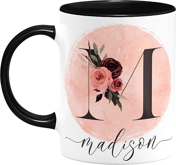 Personalized Coffee Mug w Initial Name Letter, DOUBLE-SIDED - Black - 11 or 15 Oz - Custom Ceramic Mug, Christmas Gifts for women, Mom, Flower Lover Gifts for Girlfriend, Monogrammed Tea Cup