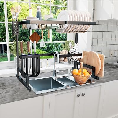 Vipush Over The Sink Dish Drying Rack - Large Dish Drainer for Storage Kitchen Counter Organization, Adjustable Stainless Steel Over Sink Display25-35inch