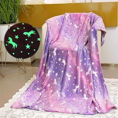 Unicorn Blanket for Girls, Glow in The Dark Blankets for Kids, 50 x 60 Rainbow Throw Blanket Soft Fleece Luminous Toddler Blanket Birthday Gifts for Age 2 3 4 5 6 7 8 9 10 11 12 Year Old, Purple