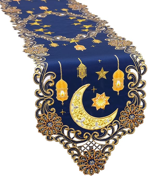 Simhomsen Embroidered Decorative Ramadan Kareem Eid Mubarak Table Runner, Navy Blue and Gold, Ramadan Lantern Design (14 x 54 inches)