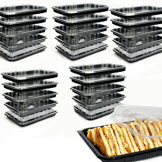 TRAYA Pack of 25 Serving Tray with lid - Reusable Catering Trays with Lids 13'' Long for Meal Prep, Cakes, Treats and Sandwiches (13.39 9.84 2.95 inch)