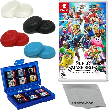 Super Smash Bros. Ultimate - Nintendo Switch with PremGear Thumb Grips (8 pack - Black, Blue, Red & Clear), 24 Slot Game Card Holder & Cleaning Cloth