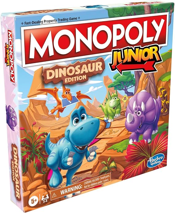 Hasbro Gaming Monopoly Junior Dinosaur Edition Game | Kids Board Games with Dino-Themed Toy Tokens | 2-4 Players for Boys & Girls | Ages 5+