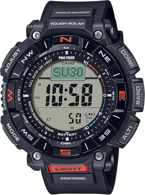 Casio PRG340 Series | Pro Trek | 100 Meter Water Resistant | Compass | Alt/Baro-Thermo | Tough Solar Powered | 1-100 SEC Stopwatch | Countdown Timer | World Time, Black, PRG-340-1CR