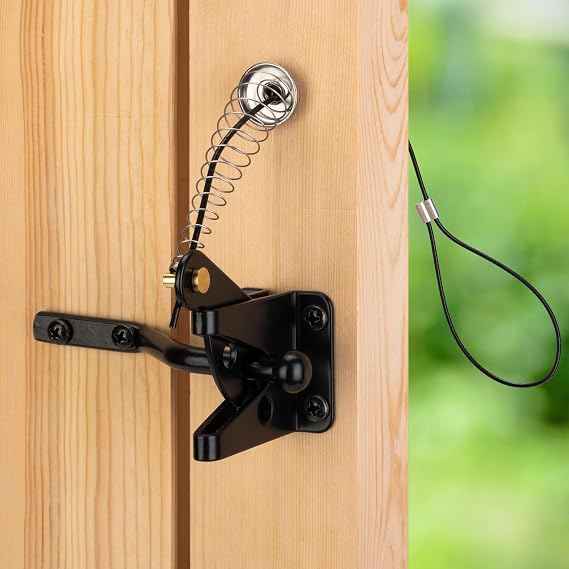 Self-Locking Gate Latch with Spring Cable Pull for Wooden Fence Gate Heavy Duty, Post Mount Automatic Gravity Lever Gate Fence Door Latches for Wooden Fence Secure Pool Garden Shed, Black