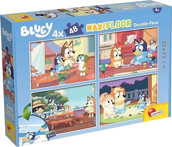 Lisciani - Puzzle BLUEY - 4 Puzzles with 48 Pieces - Creative Game - Multiple Characters - Double-Sided - 2 in 1 - Puzzle and Colouring - 35 x 25 cm - For Children from 4 Years