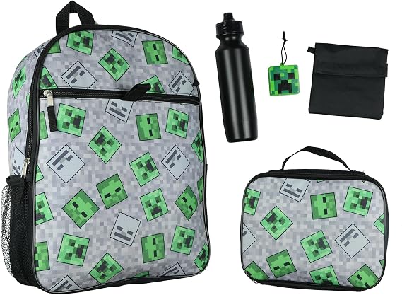 Bioworld Minecraft Creeper Ghoul 16" Backpack and Lunch Kit 5pc Set