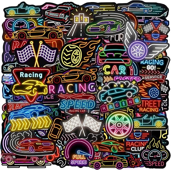 120PCS Neon Race Car Stickers, Race Car Party Favors Supplies Wheels Birthday Party Decorations Racing Decor Racing Car Stickers for Water Bottle Laptop Skateboard Computer Phone Bike Luggage