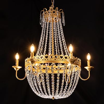 TOCHIC French Empire Crystal Chandelier, 31.5 D Modern Gold Chandelier for Dining Room Farmhouse Ceiling Light Fixture for Living Room Bedroom Kitchen Island Hallway Foyer, 6-Light