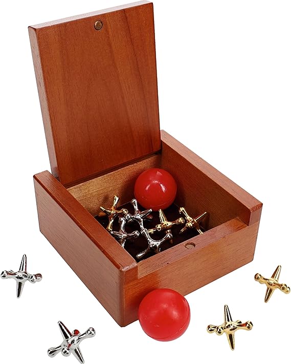 WE Games Metal Jacks Set Classic Jacks Game with 2 Red Balls in Keepsake Wooden Box Nostalgic Floor Game