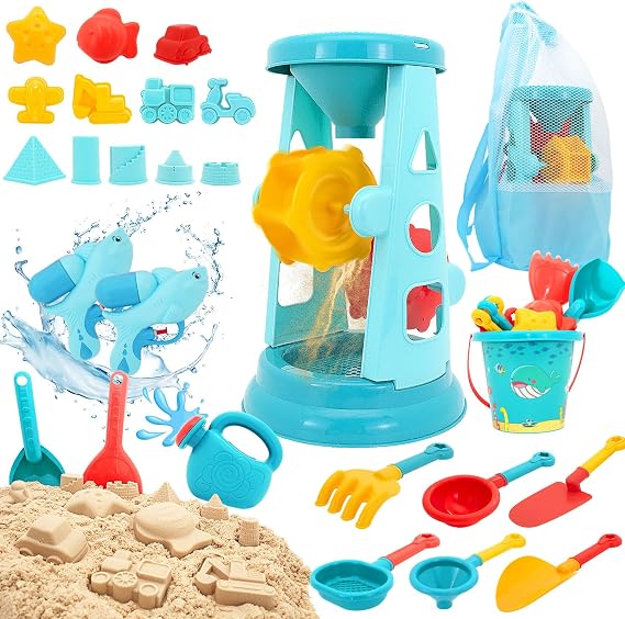 LUCKFUTURE 25 PCS Beach Toys Set with Water Gun for Toddlers 3+ | Sandbox Playset with Sifting Funnel, Bucket, Watering Can & Sand Molds, Outdoor Summer Fun for Kids
