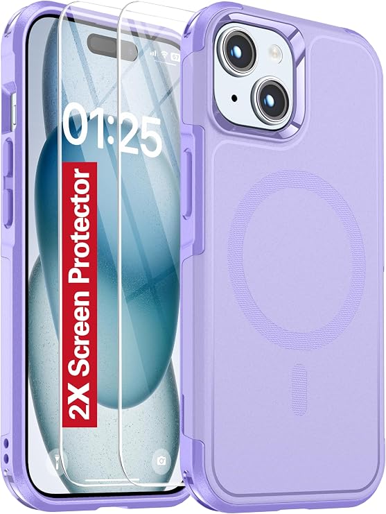 Oterkin Magnetic for iPhone 15 Case, [Compatible with MagSafe],[Strong N52 Magnets] Phone Case with [2Pcs Tempered Glass Screen Protectors][10FT Military Grade Protection] (B-Purple)