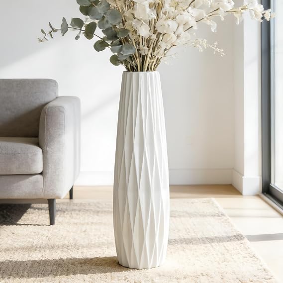 White Tall Floor Vase, 28" Ceramic Standing Flower Vase, Large Decorative for Living Room, Bedroom,Glossy Glaze,Wedding Gift