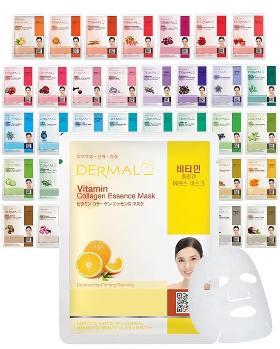 DERMAL 39 Korean Essence Sheet Mask Variety Pack, 39 Formulas, No Repeats | 39 essence masks in a wide formula variety - collagen, hyaluronic, vitamin, snail, aloe, green tea & more; each wrapped