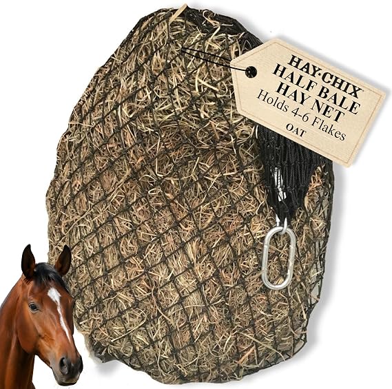 Half Bale Slow Feed Hay Net for Horses - 1 3/4" Holes - Oat Rope | Hay Bag Feeder for Stall, Trailer & Fence - Marine-Grade UV-Treated Nylon - Holds 4-6 Flakes - Easy to Fill - Color Rope