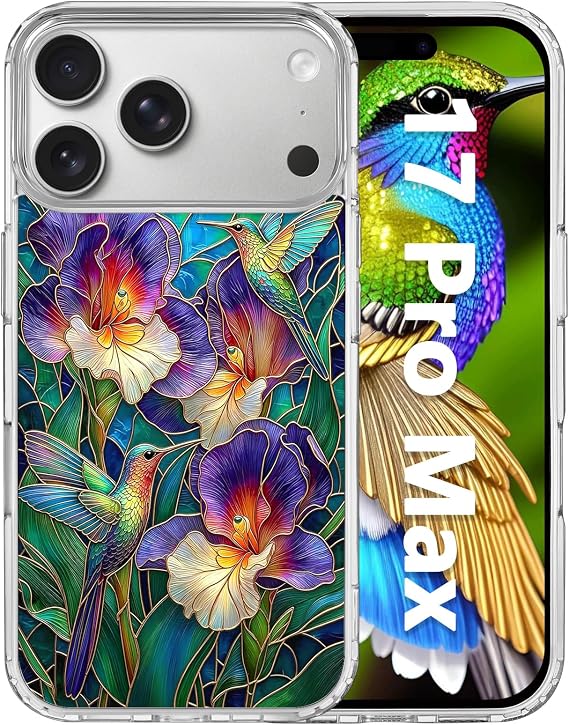 iPhone 17 Pro Max用 フローラルケース、クリア磁気カバー、ハチドリ