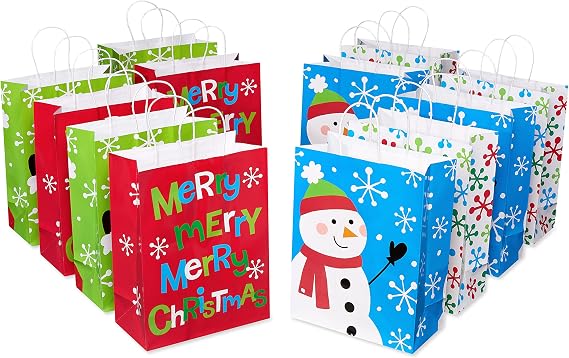 American Greetings 13'' Large Christmas Gift Bags, Santa, Snowman, Snowflakes and Merry Christmas (12 Bags)