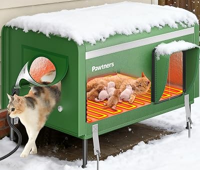 Pawtners Heated Outdoor Cat House for Outside Cats, 26 XL Insulated Weatherproof Cat Shelter with Heated Pad, Elevated Feet & Escape Door, Warm Kitty House for Feral or Stray Cats in Winter