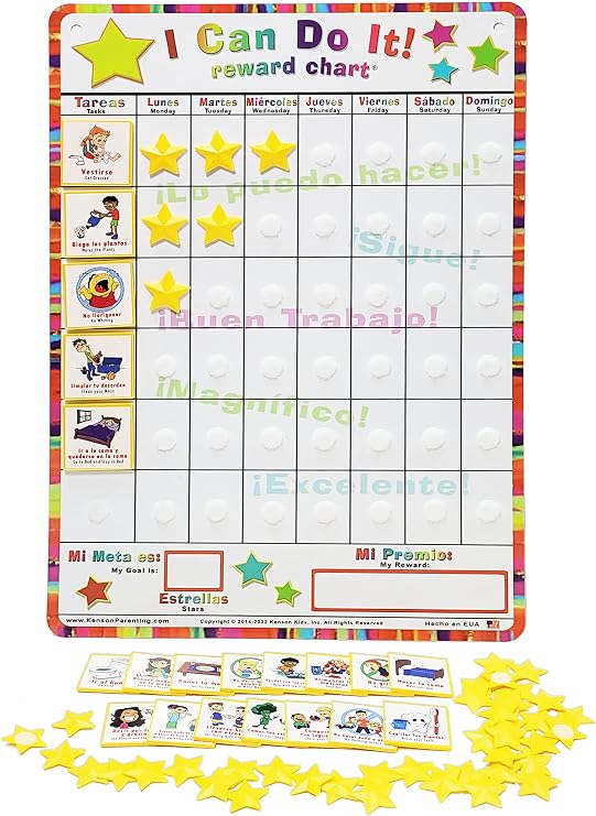 Kenson Kids Spanish English I Can Do It Reward and Responsibility Chart, 11 X 15.5-Inch, Daily Routine Incentive Star Chart- Visual Weekly Magnetic Chore, Behavior, and Organizational Star Chart