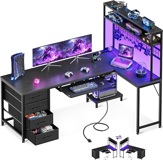 AODK 59 Inch L Shaped Gaming Desk with 4 Drawers, Keyboard Tray, Black
