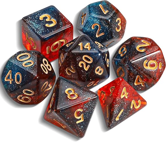 QMAY DND Dice Polyhedral Dice Set – 7 Pieces for Dungeon and Dragons MTG RPG D&D D20 D12 D10 D% D8 D6 D4 (Blue Mixed Red + Glitter) Game Dice with Bag for Dungeon and Dragons MTG RPG D&D D20 D12 D10 D% D8 D6 D4