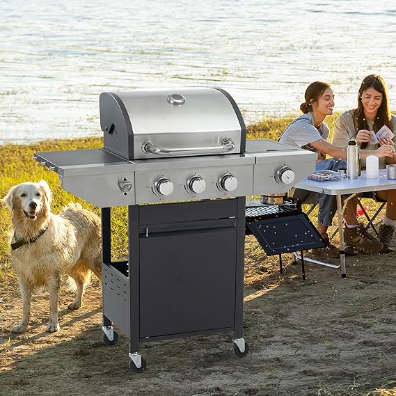 37,000 BTU 3-Burner Propane Gas Grill with Side Burner | Stainless Steel Outdoor BBQ Grill | Porcelain-Coated Grates, Lid Thermometer & Foldable Shelves | Black & Silver Patio Grill