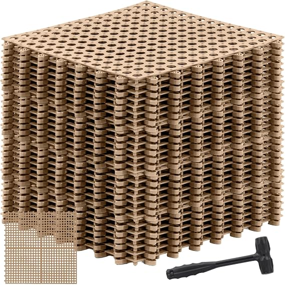 Drydiet 24 Pack Drainage Tiles Modular Interlocking Floor Tiles with 1 Pc Plastic Hammer 12" x 12" Cushion Mat Non Slip Rubber Floor mat with Holes for Pool Bathroom Deck Kitchen Patio (Beige)