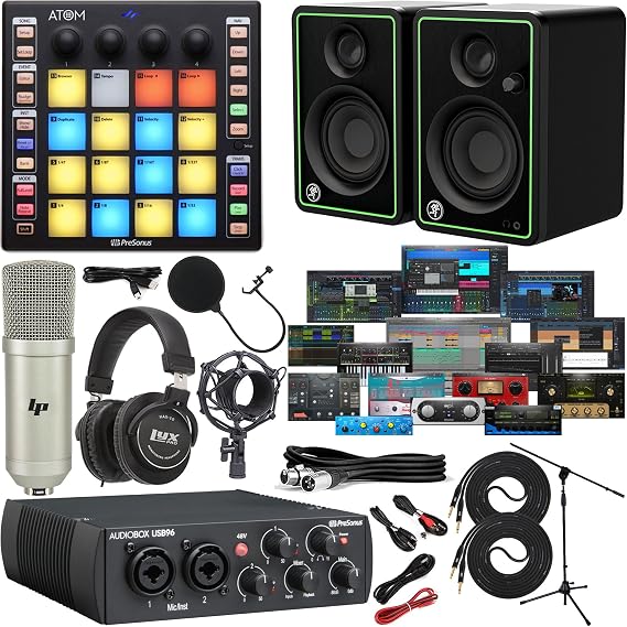Presonus AudioBox 96 USB Audio/MIDI Interface with New Version Studio One Artist & Studio Magic Plug-in Suite with CR4-XBT Multimedia Monitors and ATOM MIDI Pad Controller + Condenser Mic