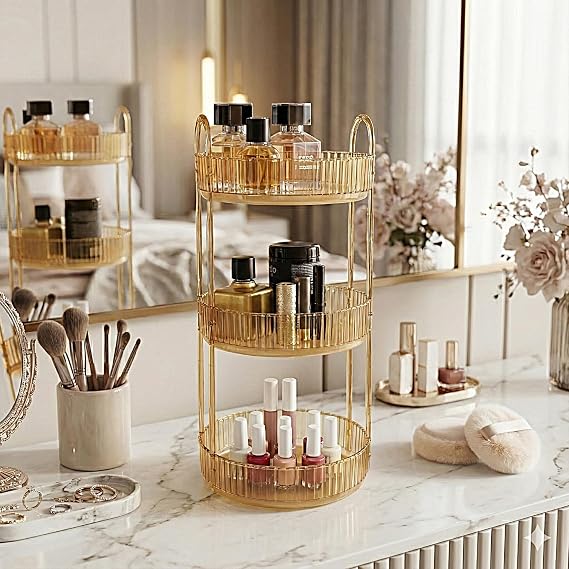 3 Katlı Makyaj Organizeri Kozmetik Aksesuar Düzenleyici Kozmetik Vitrini Yuvarlak (Amber Sarı)