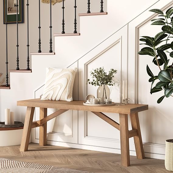 Wnutrees Sawmill Long Solid Wood Bench,43" Farmhouse Entryway Bench,Natural