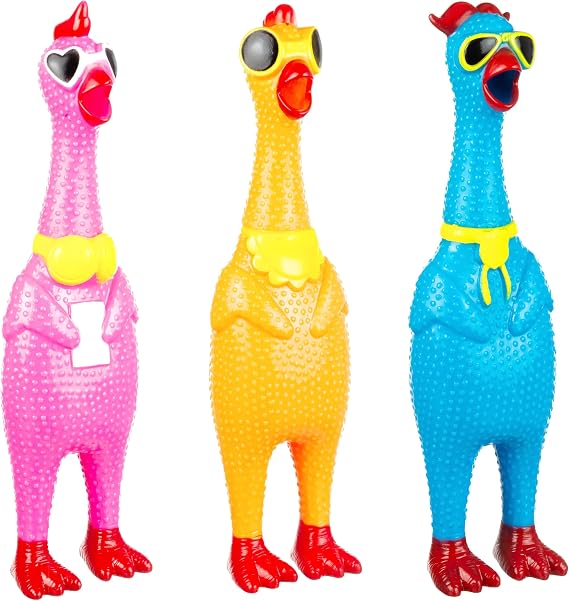 3pc Silly Screaming Chicken Squeeze Toy Set - Hilarious Rubber Chicken Gag | Hilarious Rubber Chicken Gag Gift & Novelty Prank. Fun Stress Relief Toy for Kids & Adults. Funny White Elephant Gift - So