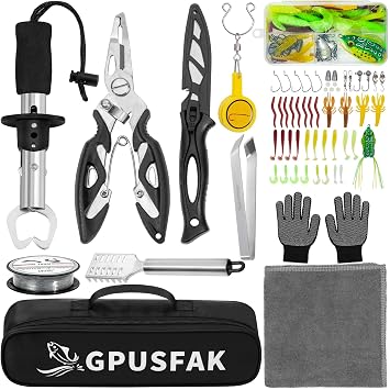 Fishing Tool Kit, Fishing Gears, Pliers Ice Fly Hook Knotter Lip Gripper Anti-Slip Gloves Lures Baits Accessories