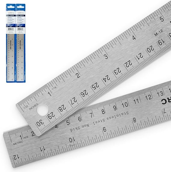 2 Pack Pacific Arc Stainless Steel 12 Inch Metal Ruler Non-Slip Cork Back, with Inch and Metric Graduations