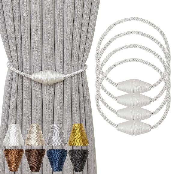 Magnetic Curtain Tiebacks 4 Pack Outdoor Rope Curtain Tie Backs Decorative Window Treatment Holdbacks for Home Decorative Curtain, White